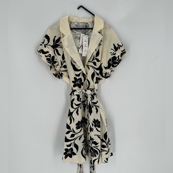 Zara Linen Blend Floral Belted Button Down Short Sleeve Mini Dress - Picture 2 of 9